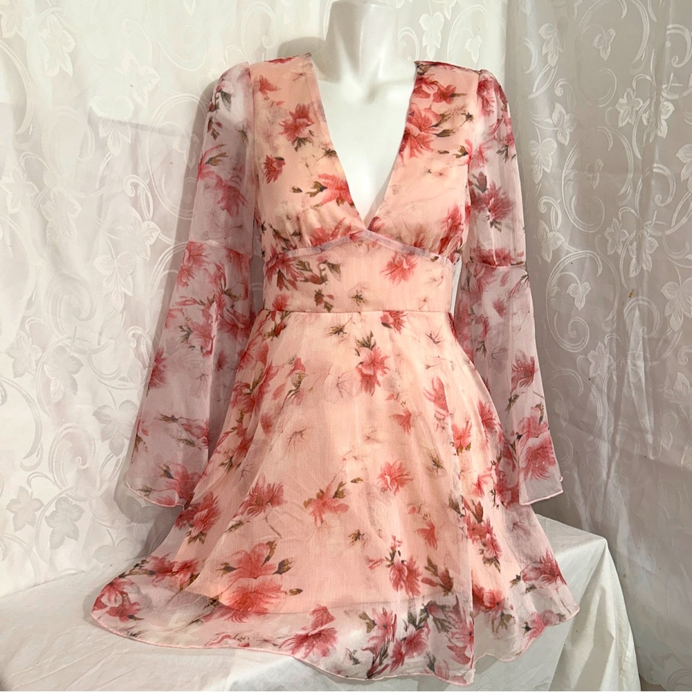 Double Crazy Pink Feminine Fairy Floral Sheer Long Bell Sleeve Flowy Dress